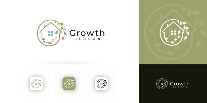 Eco home growth logo, house leaf emblem, nature property brand identity, green real estate, garden business, app icon, corporate sign. Minimal line Vector illustration.