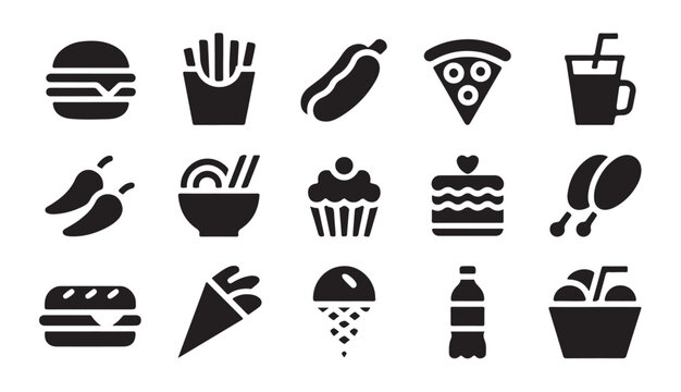 Assorted fast food glyph icon set with sandwich pizza and chicken drumstick vector illustration clip.