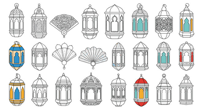 Intricate illustrations of traditional Arabic lanterns and decorative fans with ornate patterns and colors.