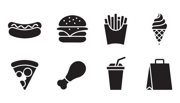 Takeaway food icons set featuring soft serve ice cream and crispy chicken leg with fries bag.