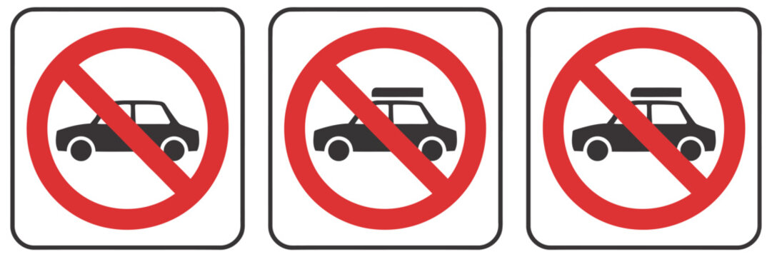 No car entry or no parking traffic sign icon set featuring red prohibition circles road restriction symbols and traffic safety warning indicators for urban regulation signage system