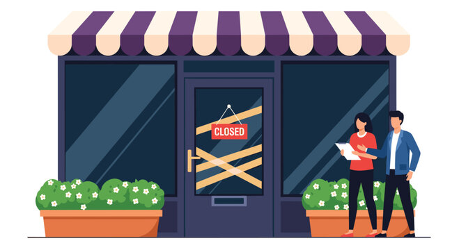 Disappointed people standing in front of a closed storefront with a sign and taped doors during a shutdown.