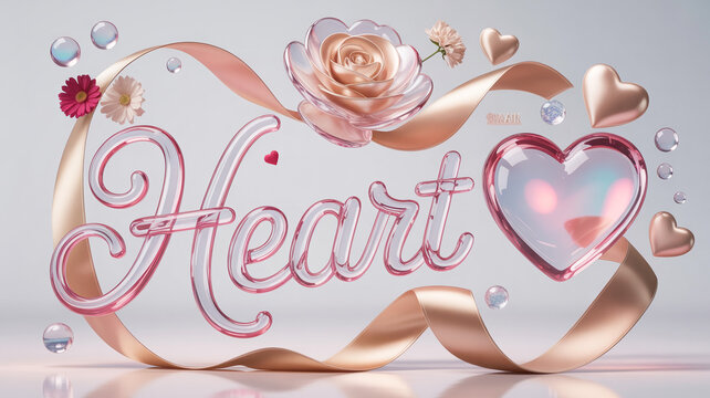 Elegant 3d rendered cursive word Heart decorated with pink roses, pearls, and ribbons on a soft light gray background.
