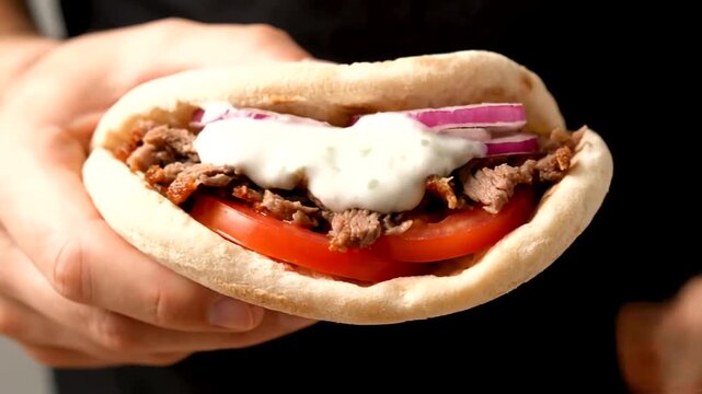 Close-up of a delicious homemade Greek gyro with tender meat, fresh vegetables, and creamy tzatziki sauce, held in hands, ready to eat.