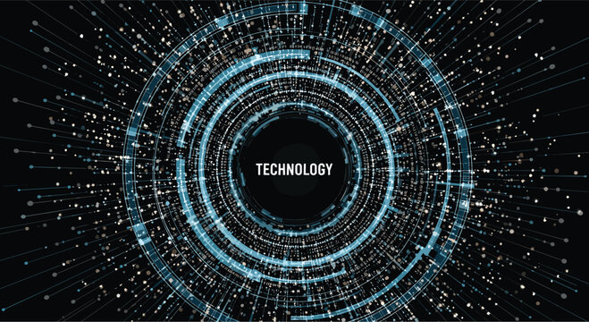 Futuristic digital technology concept background showing glowing blue circular data structures and particles on a dark cosmic field.