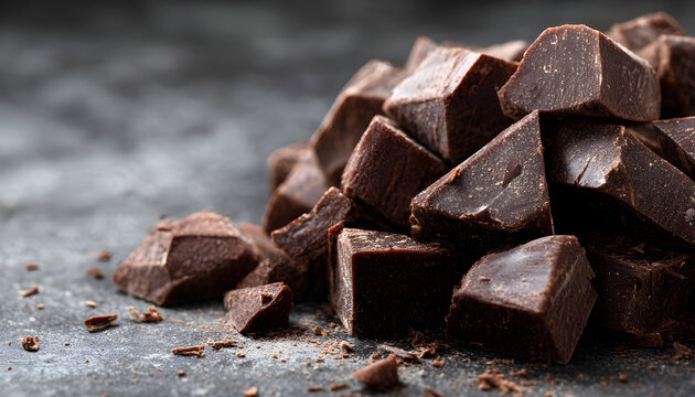 Chocolate chunks on dark grey textured background, closeup