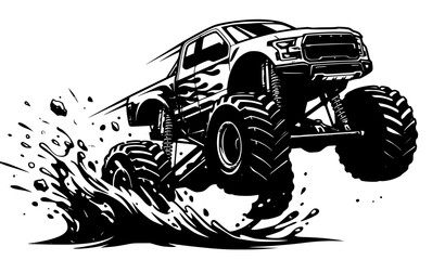 Powerful Monster Truck Jumping with Mud Splash Extreme Off Road Racing Vector Illustration © Mdsabbir