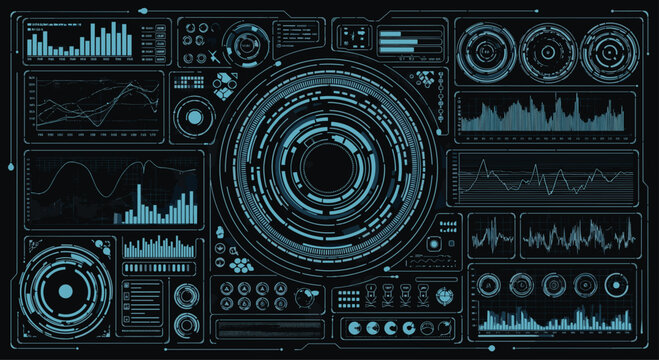 Futuristic digital interface head up display with glowing blue circular graphics and complex data charts over a dark background.