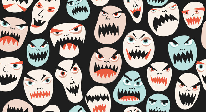 Seamless pattern of multiple angry monster faces with sharp teeth and expressive eyes in various colors on a solid black background.