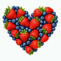 Obraz premium Heart shape made of fresh strawberries and blueberries isolated on white.