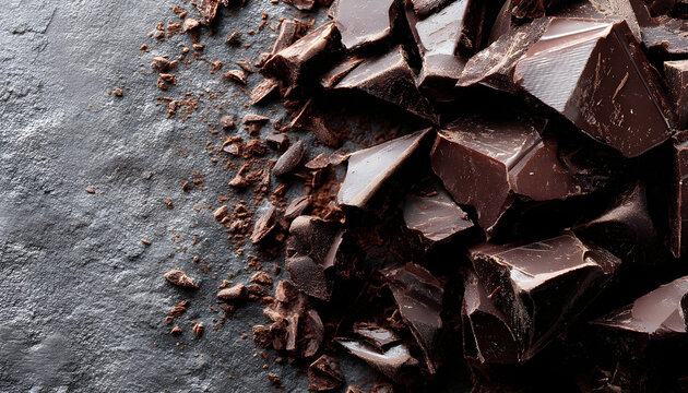 Chocolate chunks on dark grey textured background, closeup