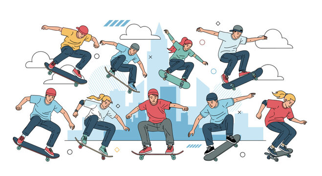 Group of active young people performing various skateboarding tricks and jumps against a blue cityscape background with fluffy clouds.