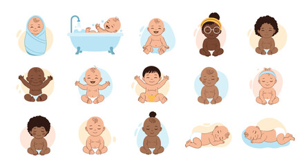 Fototapeta premium Large set of diverse baby characters in various poses including sleeping bathing crawling and sitting with happy facial expressions.