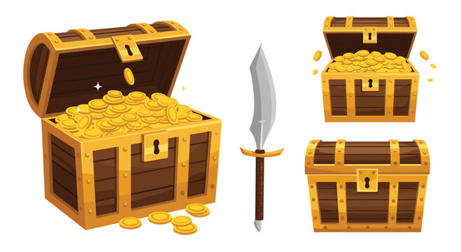 Wooden treasure chests filled with shining gold coins and a medieval dagger in a detailed video game asset style illustration.