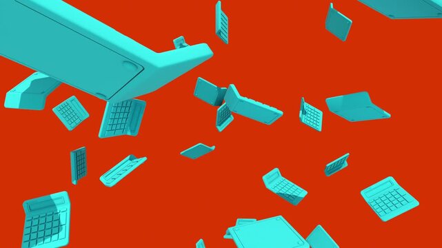 Multiple 3D teal cyan calculators falling and floating at various angles on a vivid red orange background. Perfect for finance, accounting, math, tax, and business education video concepts.