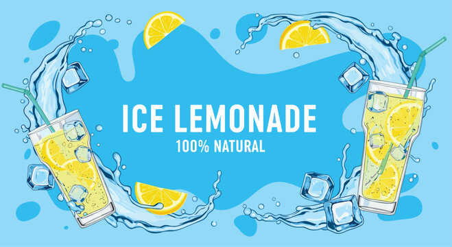 Refreshing ice lemonade advertisement featuring glasses of yellow drink with ice cubes and lemon slices splashing in clear blue water.