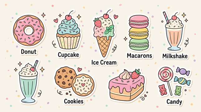 Hand drawn collection of cute dessert stickers including donuts cupcakes ice cream macarons milkshakes cookies and various colorful sweet candies