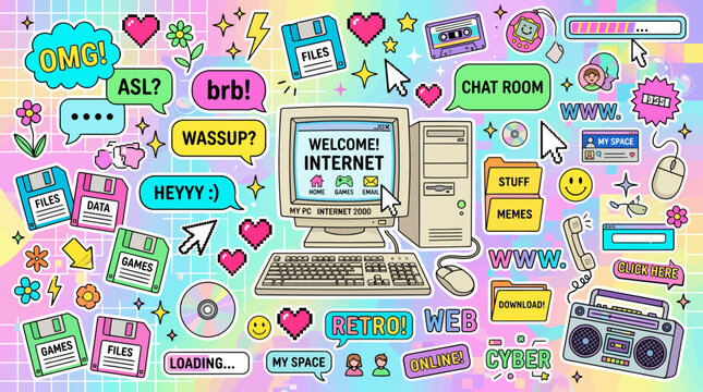 Retro computer workstation surrounded by vibrant nineties inspired internet icons and nostalgic digital stickers on a colorful pastel grid background