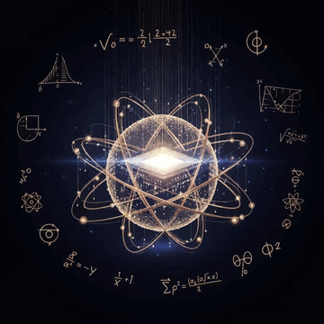 Atomic structure illustration with glowing core surrounded by orbiting electrons and mathematical equations on dark background with scientific symbols