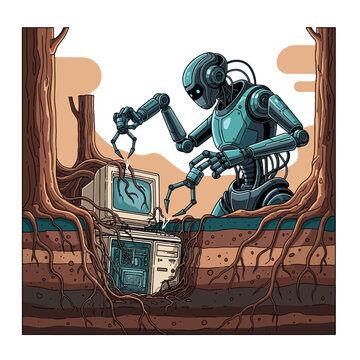 Robot digs up old computer in desert landscape with tree roots