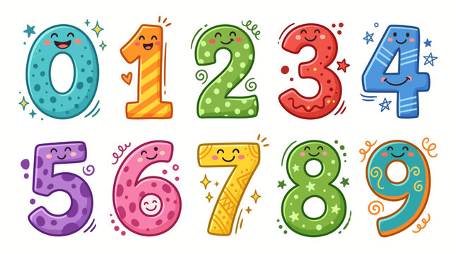 Colorful cartoon number set featuring cute smiling faces and playful patterns for children learning basic mathematics in school classrooms