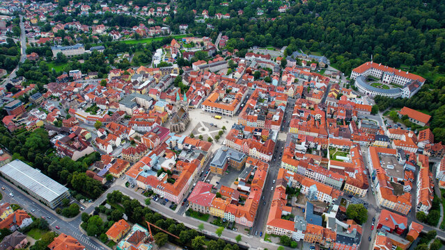 Aerial view around the city Meiningen, 98617 in Germany on a late afternoon in spring