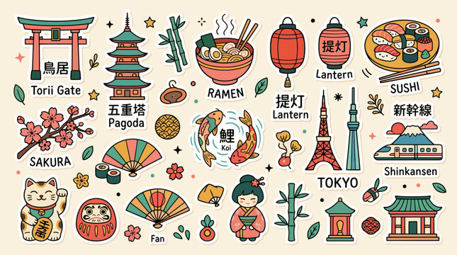 Colorful collection of cute hand drawn Japanese culture stickers featuring traditional food landmarks and iconic symbols of beautiful Japan travel