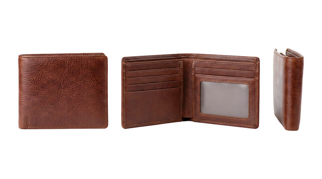 Vintage textured brown leather bifold wallet with multiple card slots isolated on transparent png background