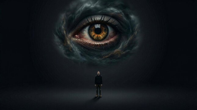 small human figure standing under a giant floating eye representing fear of judgment and anxiety, clean conceptual background 