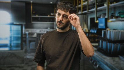 Obraz premium Young man with beard adjusts glasses with right hand and looks down in a commercial kitchen building; thoughtful reflection.