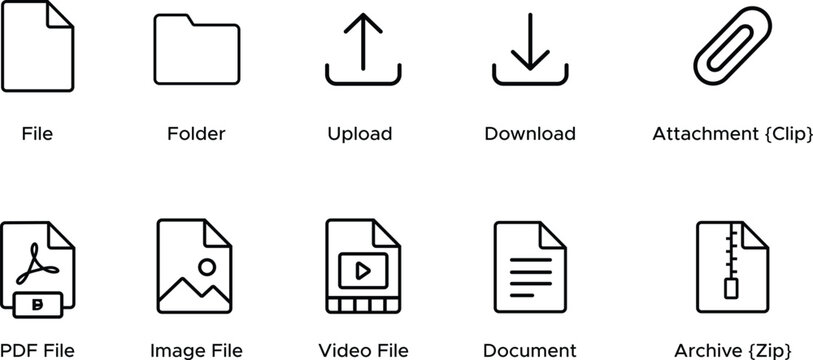 Digital file management icons set with folder upload download attachment and document types.