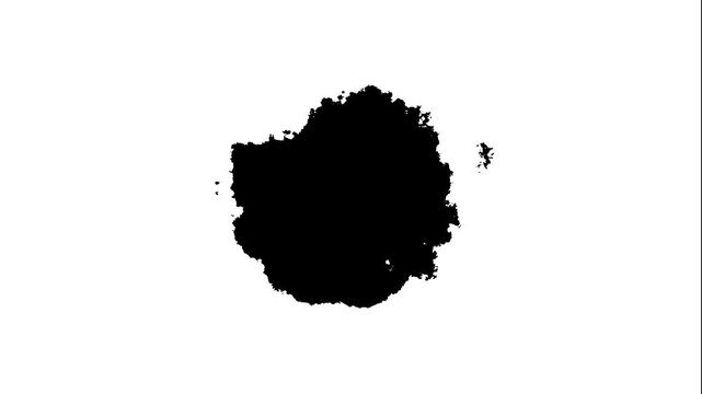 Black ink stain, watercolor paint leak transition with splatter flow and expanding drops on white background, abstract grunge matte motion graphics in 4k