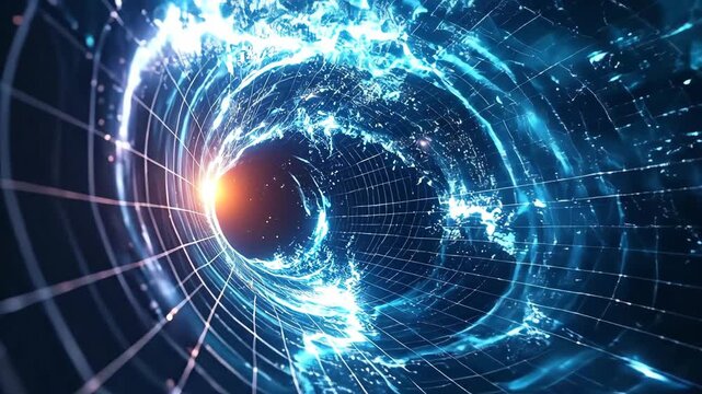 Futuristic Digital Tunnel with Light Trails and Data Streams.