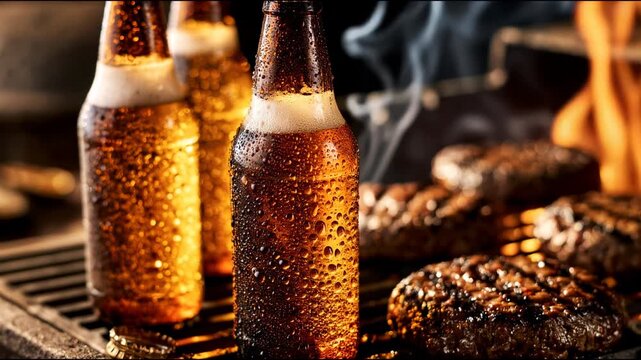 Cold beer bottles and grilling burgers on a barbecue with flames