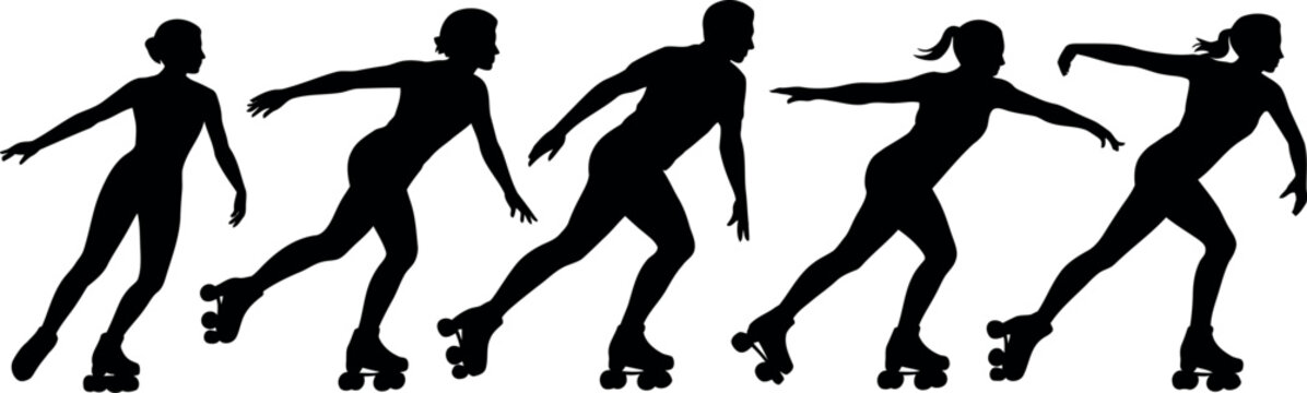 Silhouettes of people rollerblading in different poses and movements outdoors