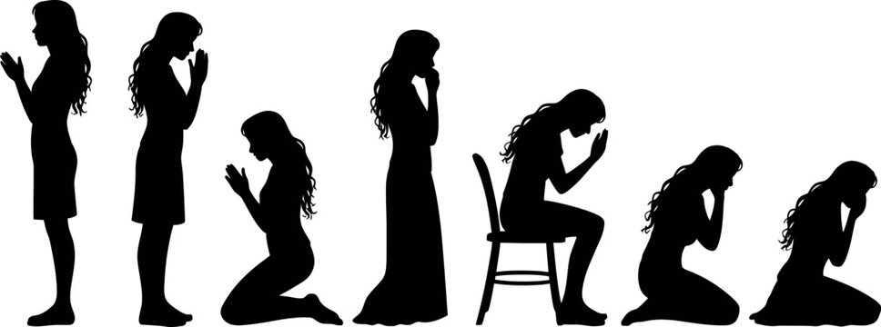 Silhouettes of women in various prayer and contemplation poses on white background