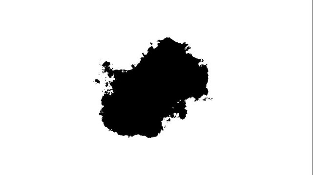Ink splash transition, black paint stream flow scatter and leak across white screen, abstract watercolor ink spread matte effect animation, 4k video background