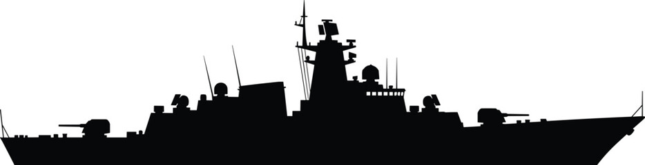 Military Warship Silhouette with Naval Radar and Weapons System Isolated on White Background © MST