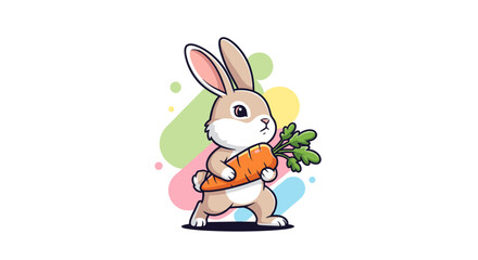 Fototapeta premium Charming bunny illustration, holding a vibrant orange carrot, set against a playful backdrop of pastel shapes, depicting springtime joy and harvest abundance, perfect for
