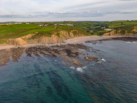 Drone view of the most Southern part of Widemouth Bay Cornwall