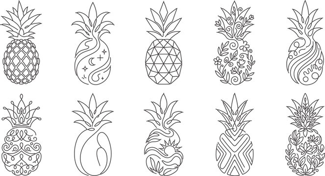  Decorative hand drawn pineapple outline icons with floral and wave details.