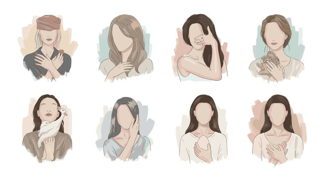 Collection of eight elegant female portraits, showcasing diverse emotions through graceful gestures and soft watercolor-style backgrounds, embodying themes of self-expression and