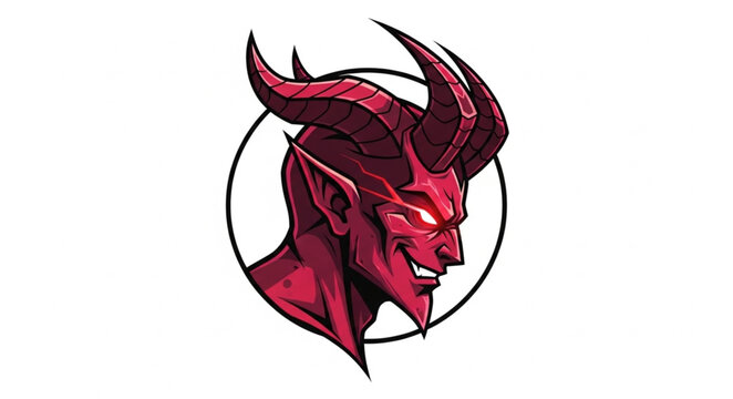 Illustration of a red devil head with horns and glowing eyes.