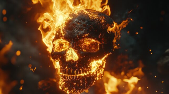Fiery skull engulfed in flames symbolizing mortality and danger abstract art