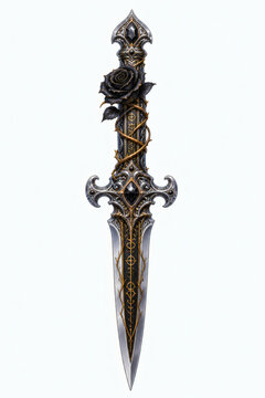 Ornate Gothic Fantasy Dagger with Black Rose Illustration