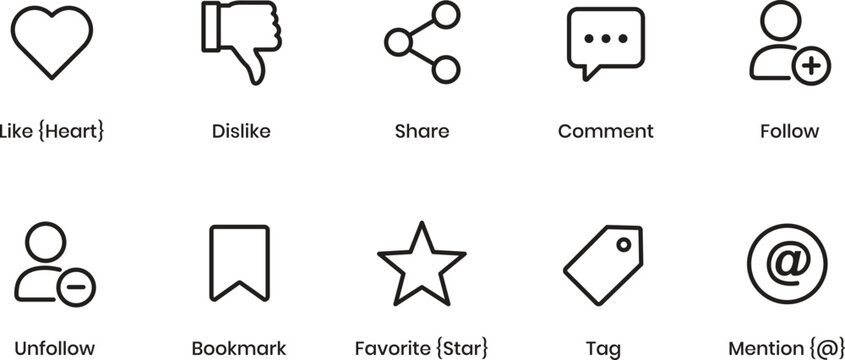 Social media engagement icons for likes, shares, comments, and follows.