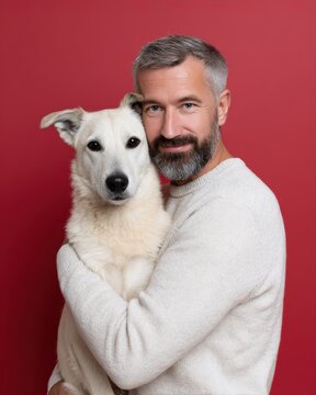 Bearded man cuddling his dog, capturing affection and companionship, intimate warm moment, soft red background, clean composition
