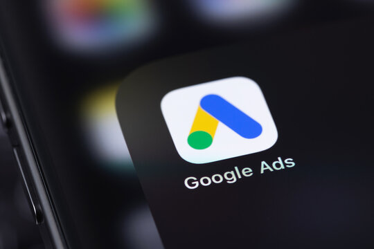 Google Ads logo mobile icon app on a screen smartphone iPhone closeup. Ads or Ad, AdWords is a service of contextual, basically, search advertising from Google. Batumi, Georgia - March 25, 2026