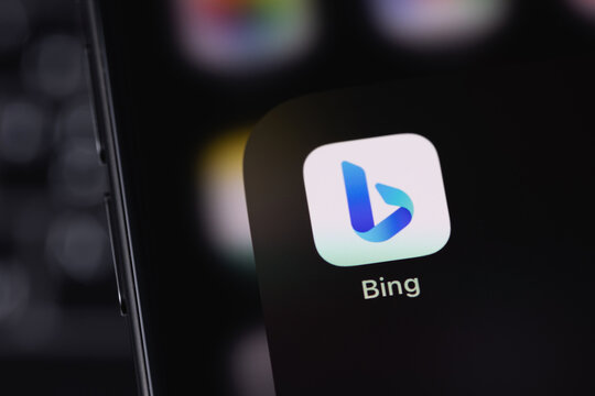 Microsoft Bing powered by AI and GPT-4 - mobile icon app on a screen smartphone iPhone closeup. Microsoft Bing is a search engine developed by Microsoft. Batumi, Georgia - March 25, 2026