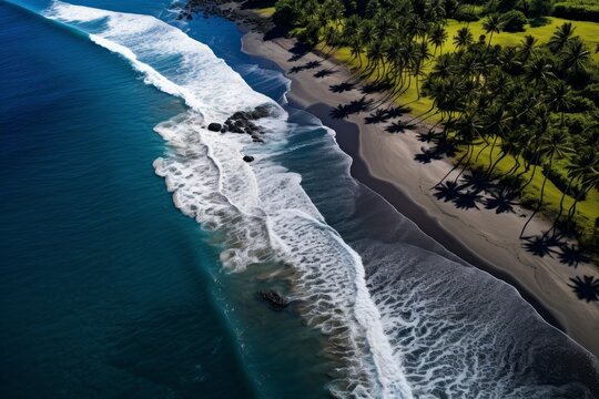Aerial view of ocean waves breaking on a black sand beach lined with palm trees